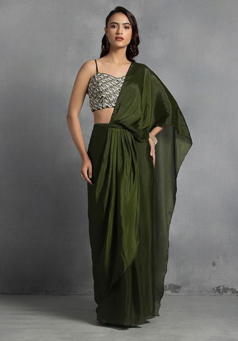 Olive Pre-Stitched Saree Set With Abstract Sequin Bead Hand Embroidered Blouse