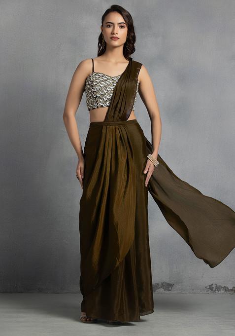 Brown Pre-Stitched Saree Set With Abstract Sequin Bead Hand Embroidered Blouse