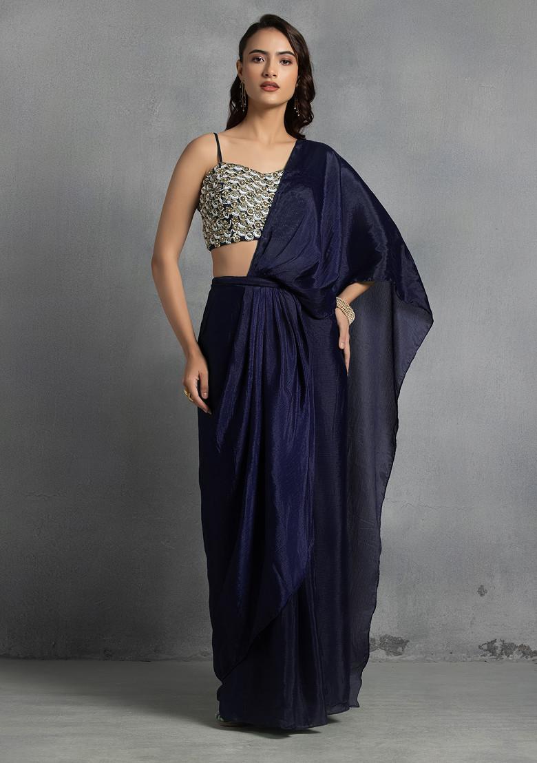 Navy Blue Pre-Stitched Saree Set With Abstract Sequin Bead Hand Embroidered Blouse