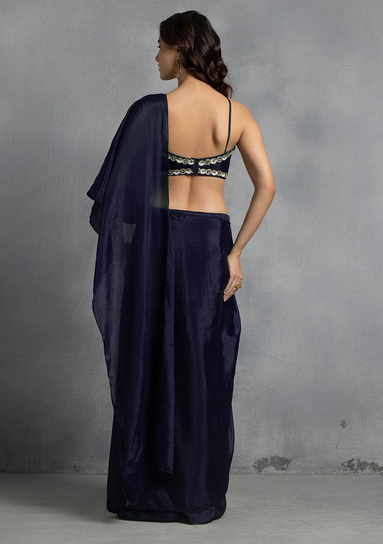Navy Blue Pre-Stitched Saree Set With Abstract Sequin Bead Hand Embroidered Blouse