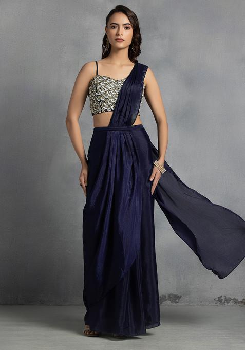 Navy Blue Pre-Stitched Saree Set With Abstract Sequin Bead Hand Embroidered Blouse