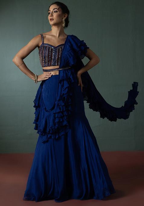 Blue Lehenga And Blouse Set With Attached Dupatta And Embellished Belt