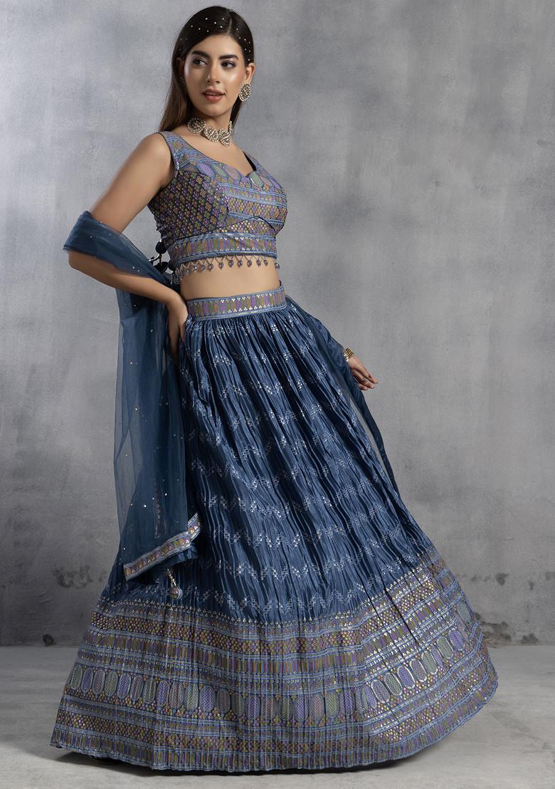 Blue Printed Lehenga Set With Abstract Printed Blouse And Mesh Dupatta