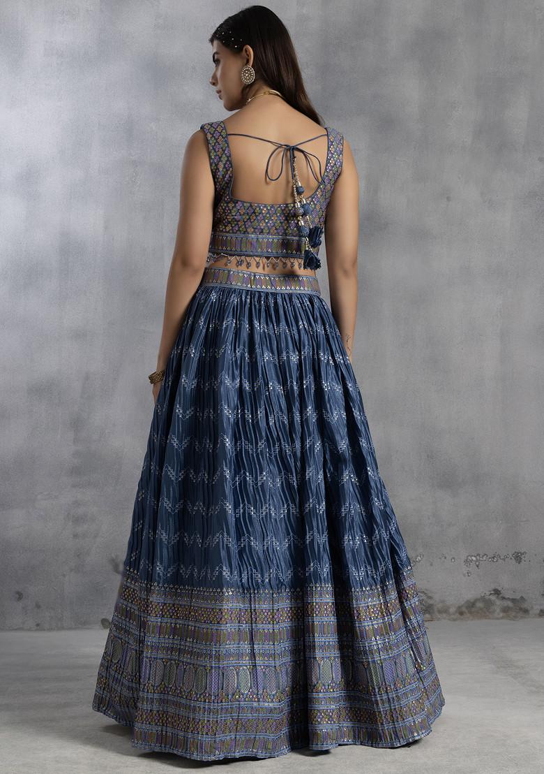 Blue Printed Lehenga Set With Abstract Printed Blouse And Mesh Dupatta