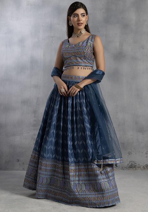 Blue Printed Lehenga Set With Abstract Printed Blouse And Mesh Dupatta