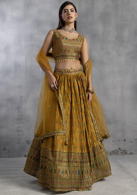 Mustard Printed Lehenga Set With Abstract Printed Blouse And Mesh Dupatta