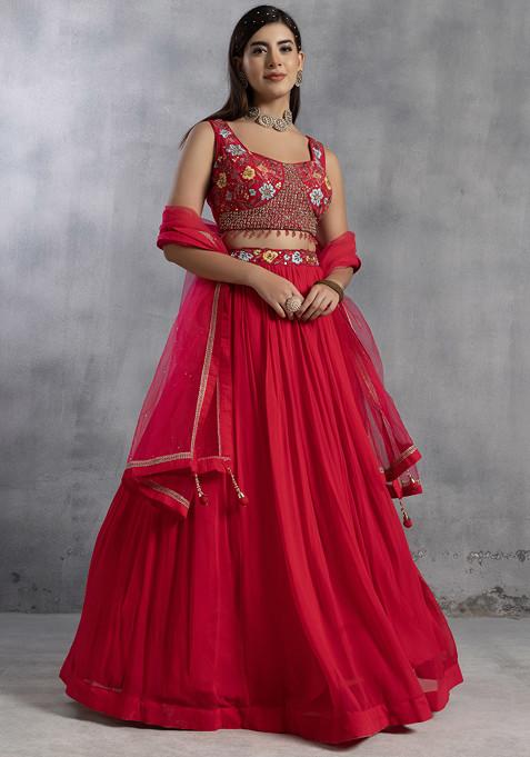 Pink Lehenga Set With Sequin Bead Embellished Blouse And Dupatta