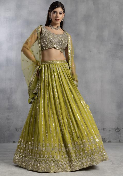 Green Lehenga Set With Mirror Bead Embellished Blouse And Embellished Cape