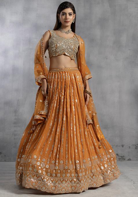 Orange Lehenga Set With Mirror Bead Embellished Blouse And Embellished Cape