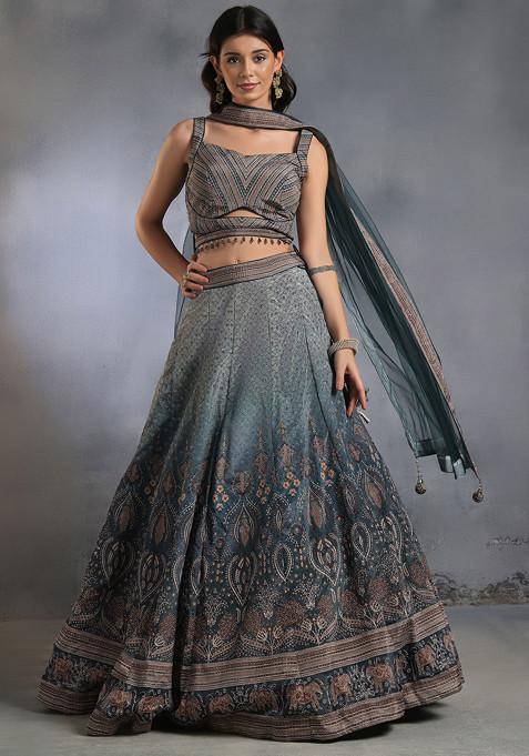 Blue Printed Lehenga Set With Printed Blouse And Dupatta