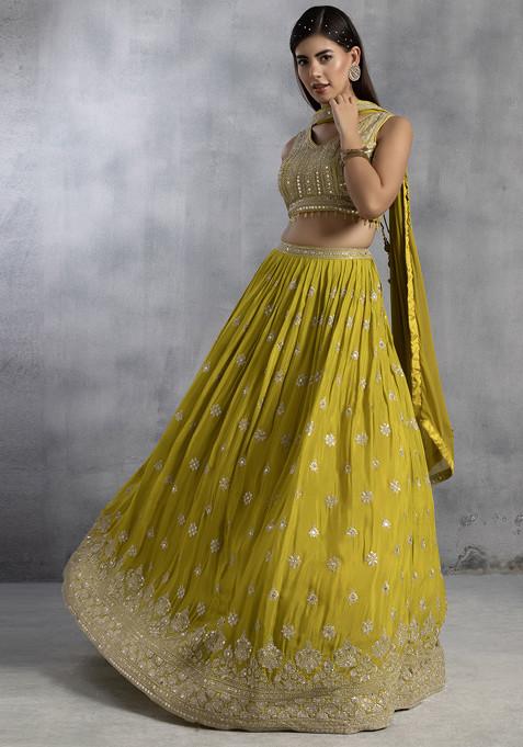 Lime Green Zari Sequin Embroidered Lehenga Set With Blouse And Chiffon Dupatta