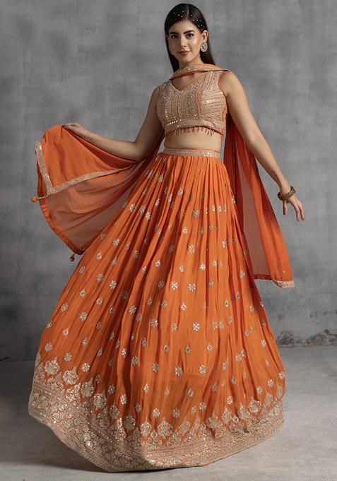 Orange Zari Sequin Embroidered Lehenga Set With Blouse And Chiffon Dupatta