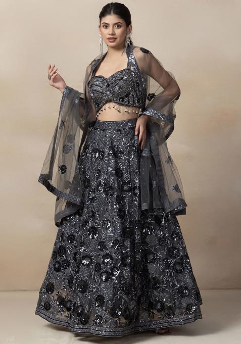 Grey Cutdana Embellished Lehenga Set With Blouse And Dupatta