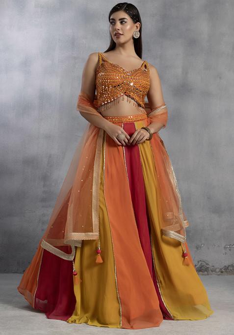 Multicolour Lehenga Set With Mirror Embellished Blouse And Dupatta