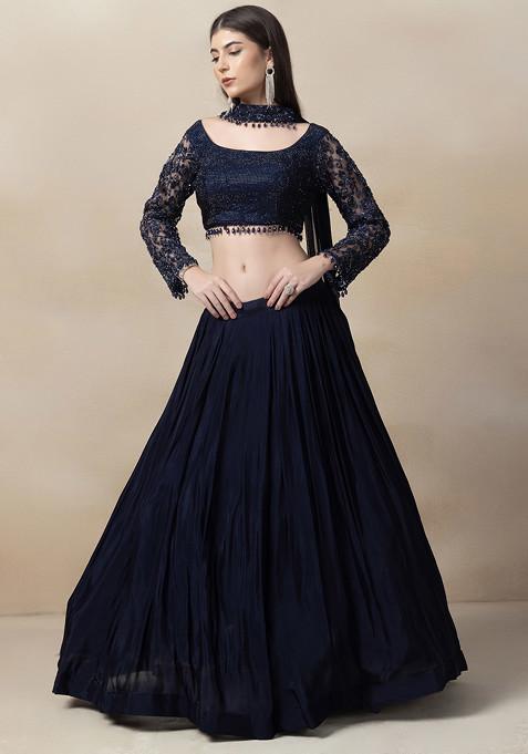 Navy Blue Lehenga Set With Embellished Blouse And Dupatta