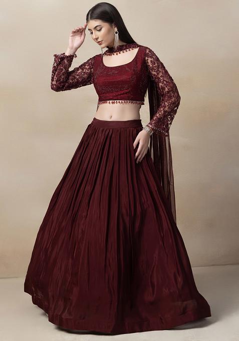 Maroon Lehenga Set With Embellished Blouse And Dupatta