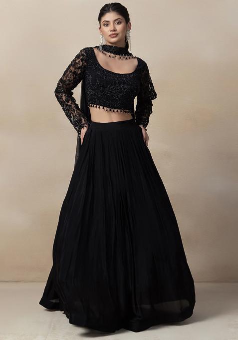 Black Lehenga Set With Embellished Blouse And Dupatta