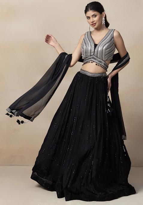 Black Embellished Sequin Lehenga Set With Embellished Blouse And dupatta