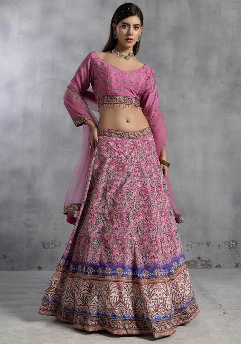 Pink Floral Print Lehenga Set With Blouse And Dupatta