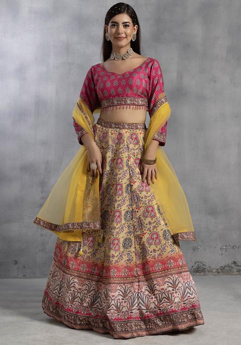 Yellow Floral Print Lehenga Set With Blouse And Dupatta