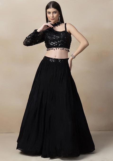 Black Lehenga Set With Sequin Embellished Blouse And Mesh Dupatta