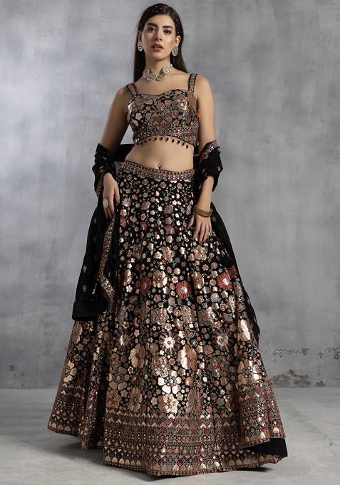 Black Sequin Zari Embroidered Lehenga Set With Embroidered Blouse And Dupatta