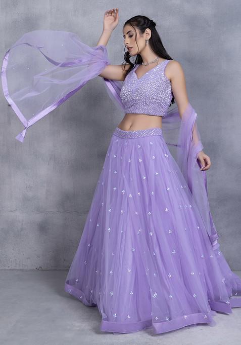 Cut Dana Embellished Sleeveless Blouse and Flared Lehenga Set with Dupatta