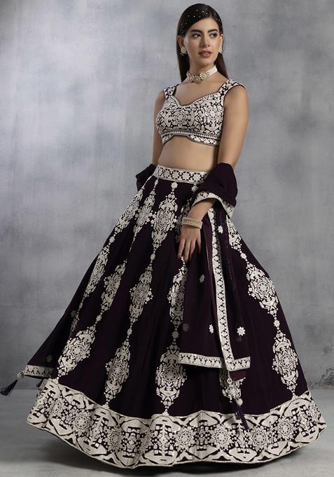 Maroon Thread Embroidered Lehenga Set With Embellished Blouse And Dupatta