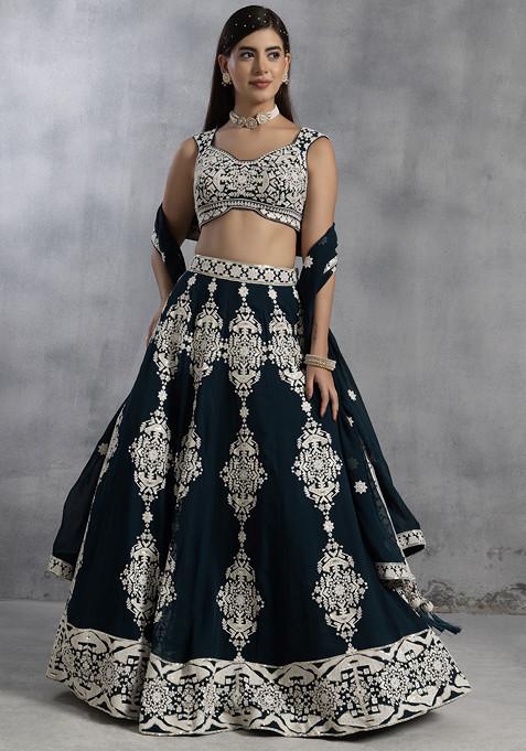 Green Thread Embroidered Lehenga Set With Embellished Blouse And Dupatta