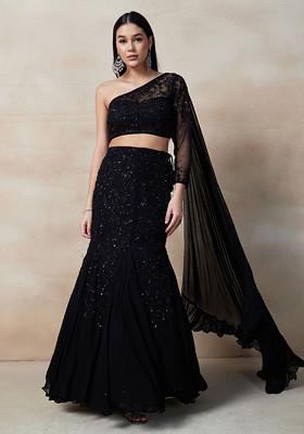 Black Lehenga Set With Embellished Blouse And Dupatta
