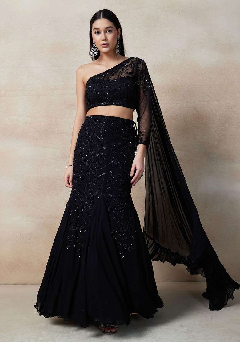 Black Lehenga Set With Embellished Blouse And Dupatta - Indya