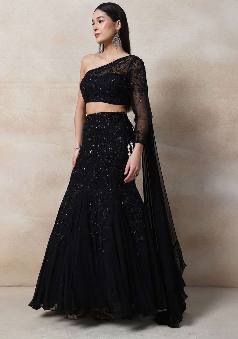 Black Lehenga Set With Embellished Blouse And Dupatta - Indya