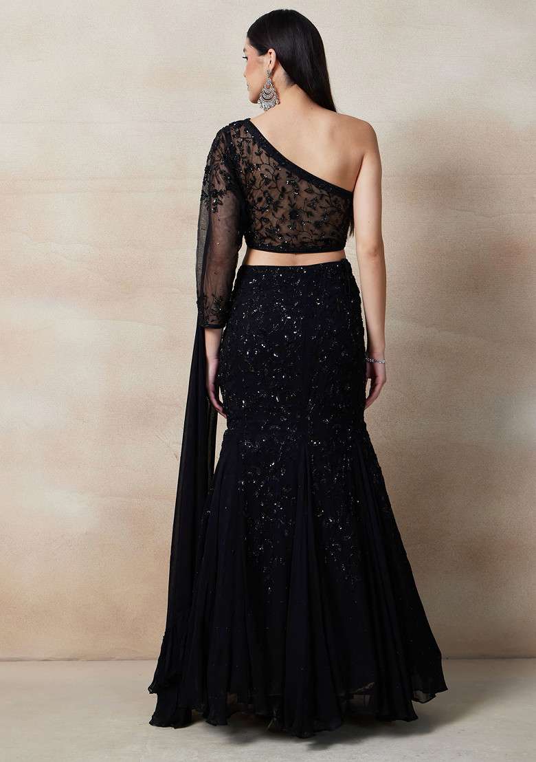 Black Lehenga Set With Embellished Blouse And Dupatta - Indya