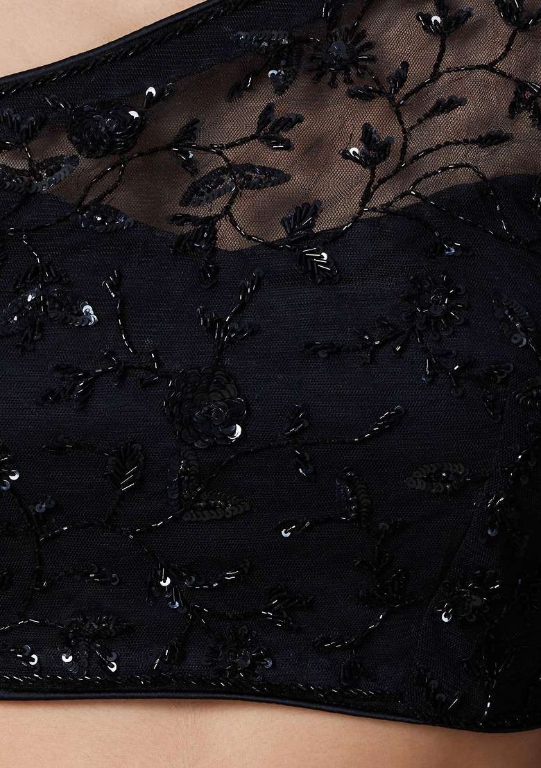 Black Lehenga Set With Embellished Blouse And Dupatta - Indya