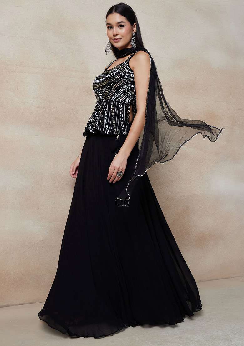 Black Lehenga Set With Sequin Embellished Blouse And Dupatta - Indya