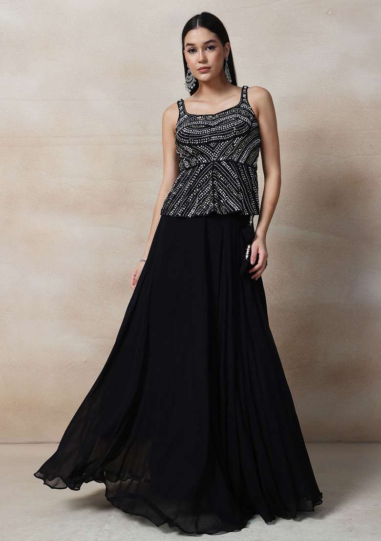 Black Lehenga Set With Sequin Embellished Blouse And Dupatta - Indya
