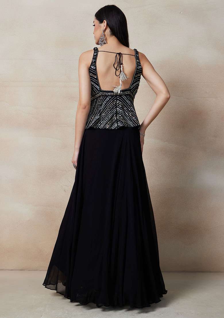 Black Lehenga Set With Sequin Embellished Blouse And Dupatta - Indya