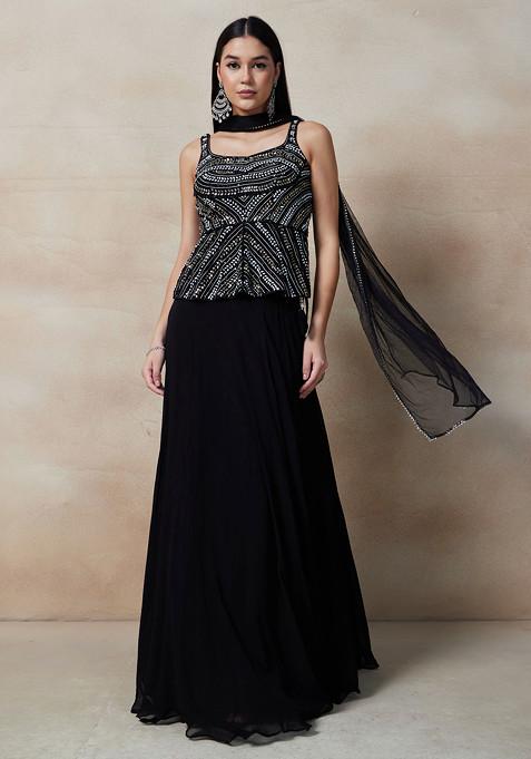 Black Lehenga Set With Sequin Embellished Blouse And Dupatta — view on Indya
