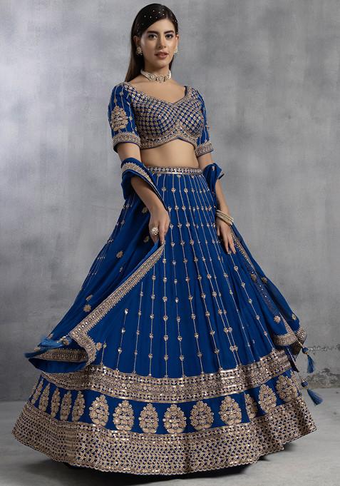 Blue Sequin Bead Embellished Lehenga Set With Embellished Blouse And Dupatta