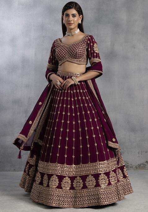 Maroon Sequin Bead Embellished Lehenga Set With Embellished Blouse And Dupatta