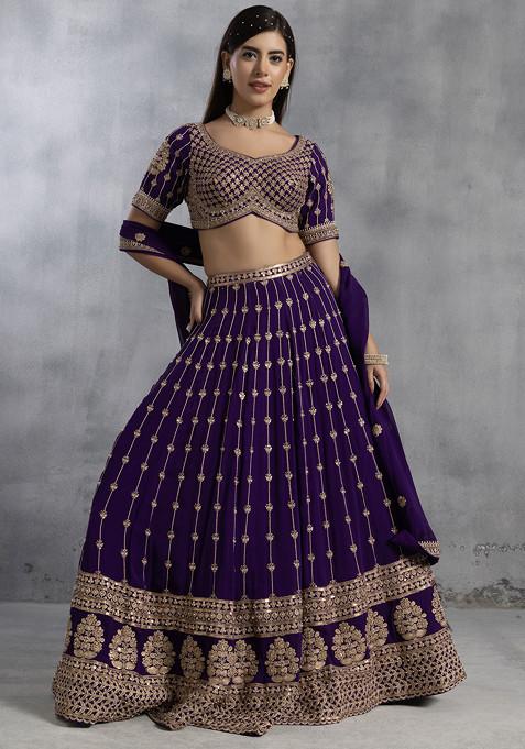 Purple Sequin Bead Embellished Lehenga Set With Embellished Blouse And Dupatta