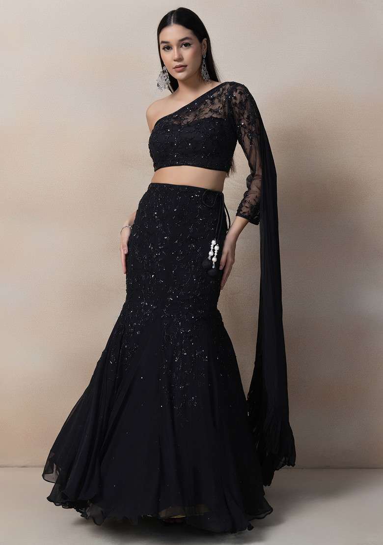 Black Sequin Embroidered Lehenga Set - Indya