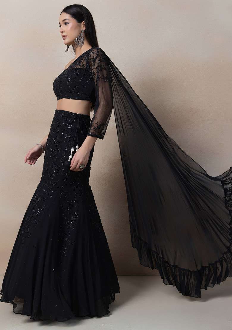 Black Sequin Embroidered Lehenga Set - Indya