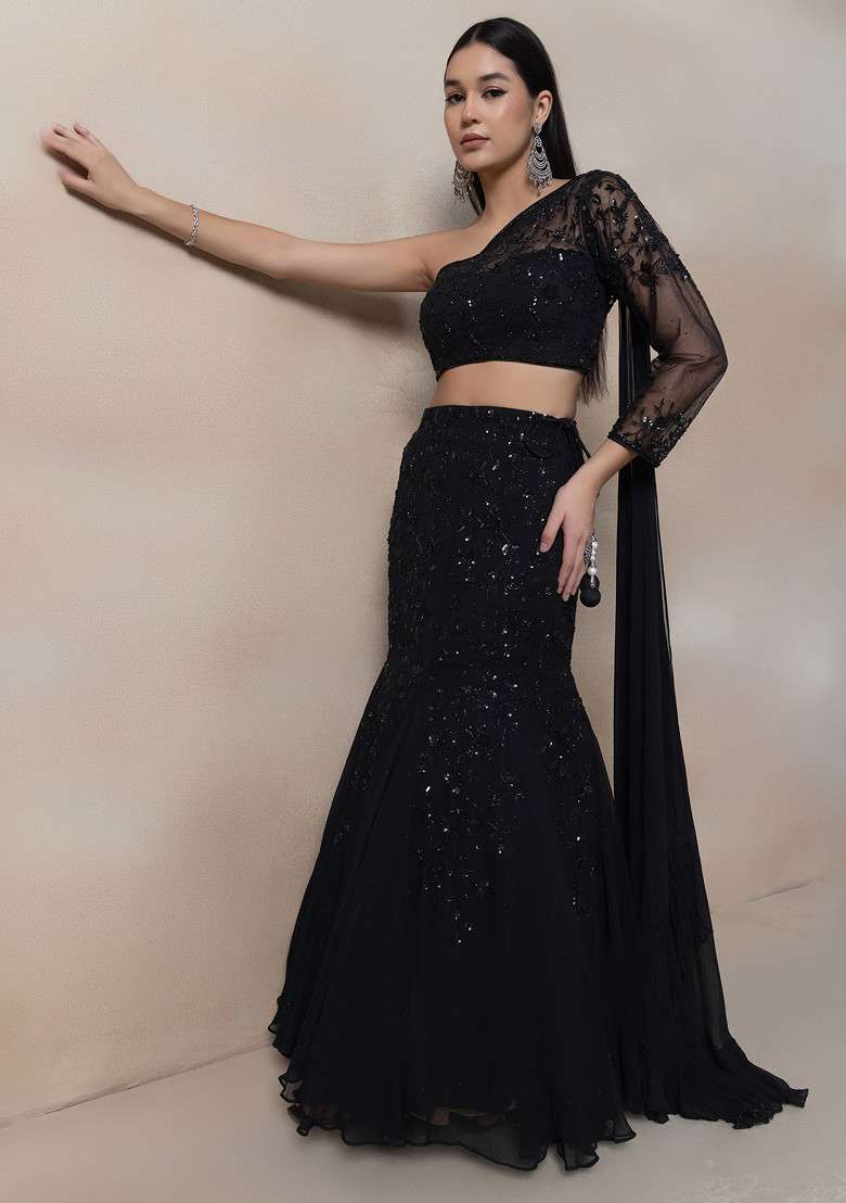 Black Sequin Embroidered Lehenga Set - Indya