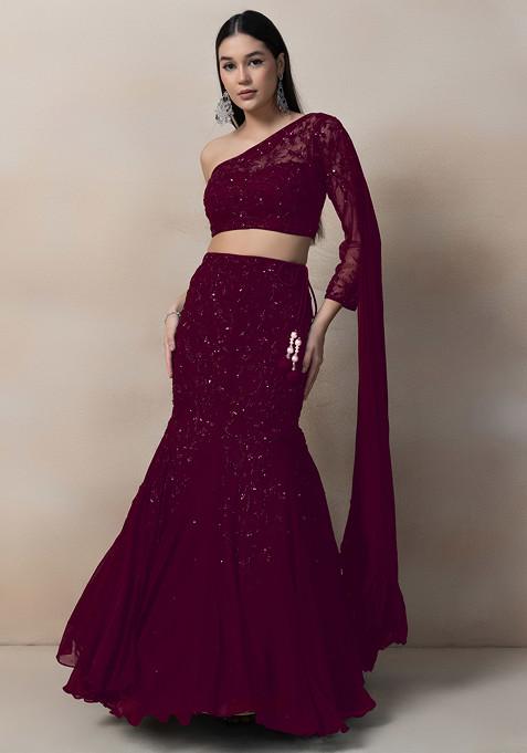 Wine Sequin Embroidered Lehenga Set