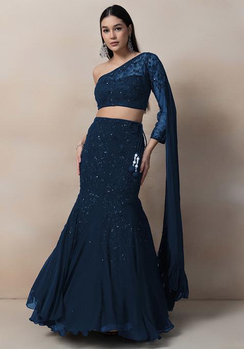 Teal Sequin Embroidered Lehenga Set