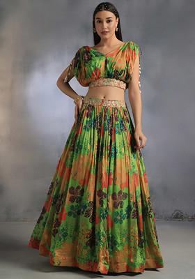 Green Floral Print Lehenga Set With Bead Embellished Blouse