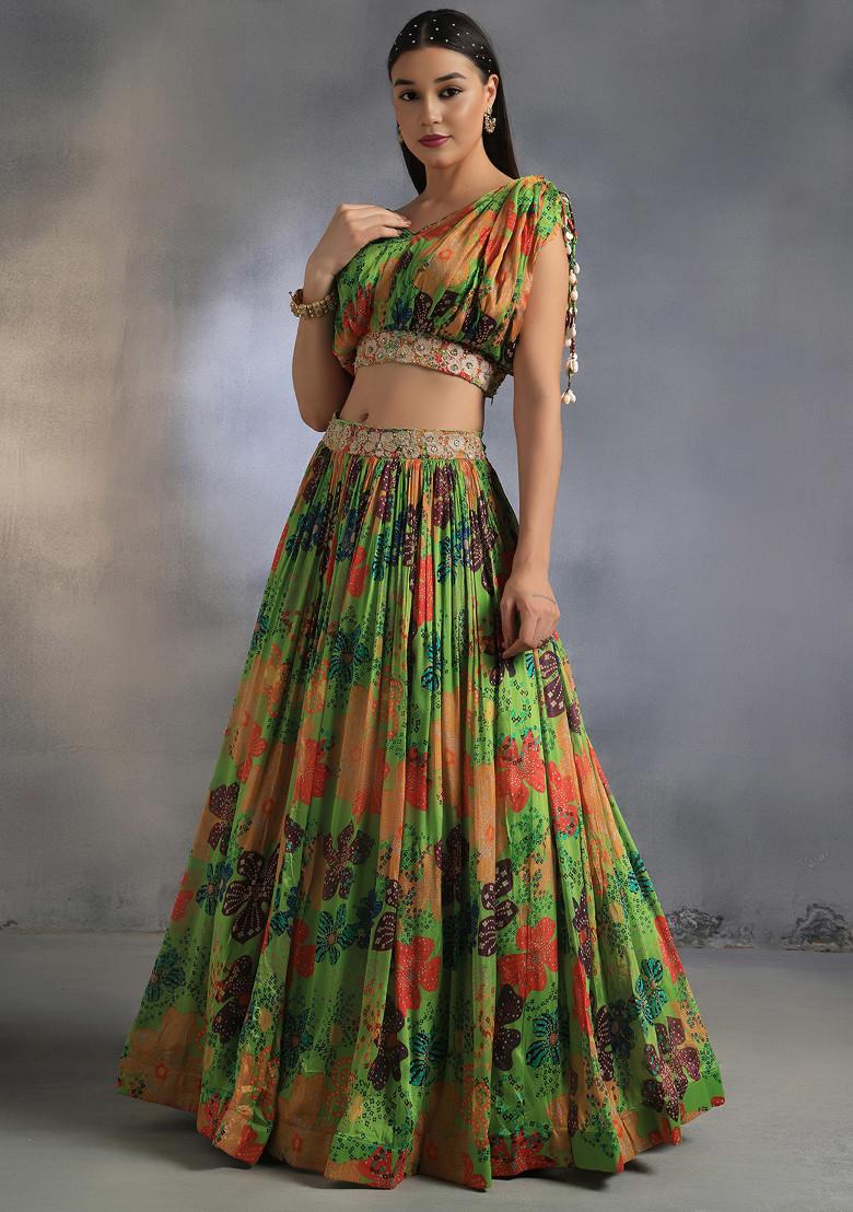 Green Floral Print Lehenga Set With Bead Embellished Blouse