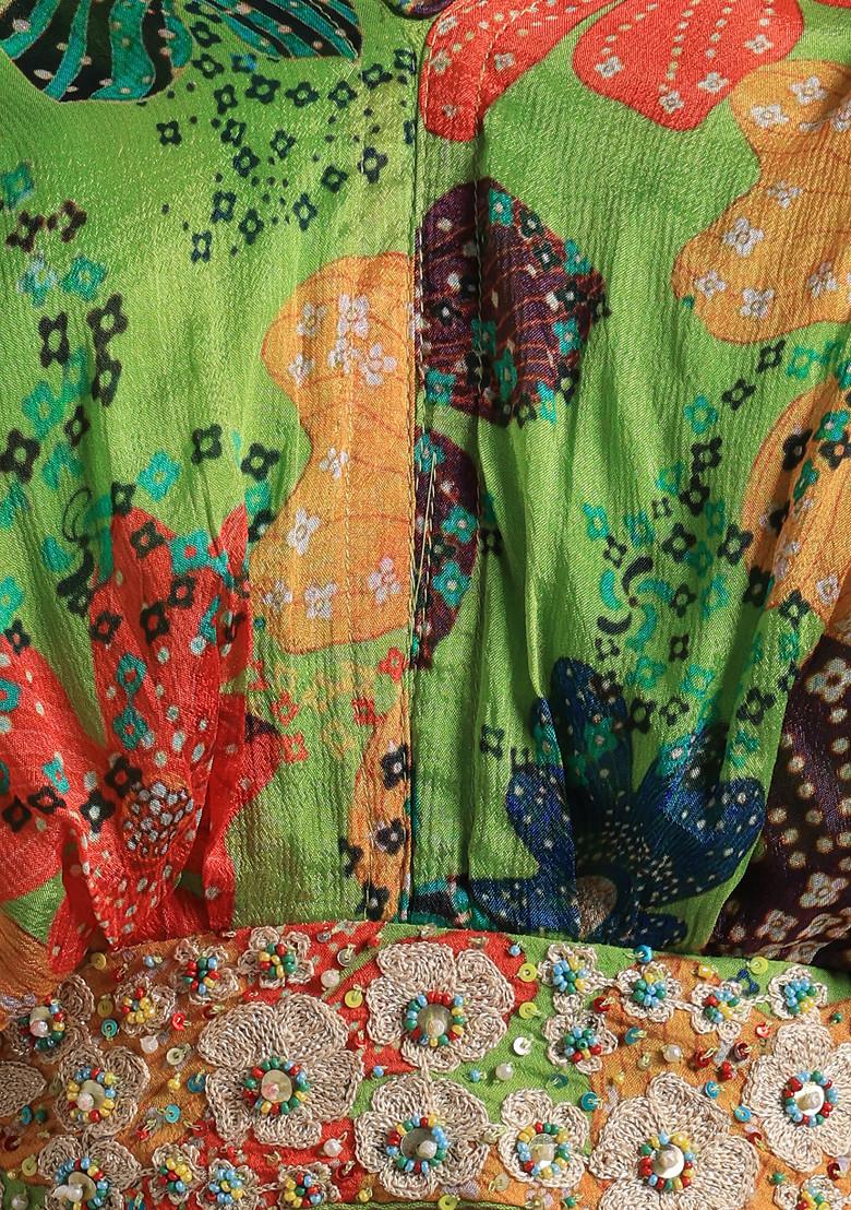 Green Floral Print Lehenga Set With Bead Embellished Blouse