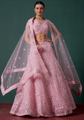 Pink Sequin Embellished Lehenga Set With Blouse And Dupatta